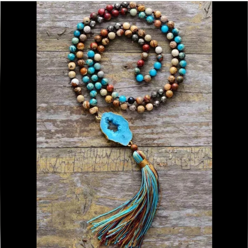 Pyrite Druzzy Natural Stone Long Tassel Necklace